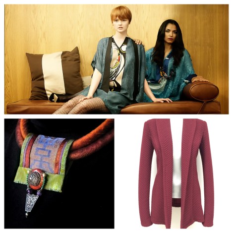 A one of a kind silk neck piece, and a burgundy jacket to throw over a beautiful artisan tunic.